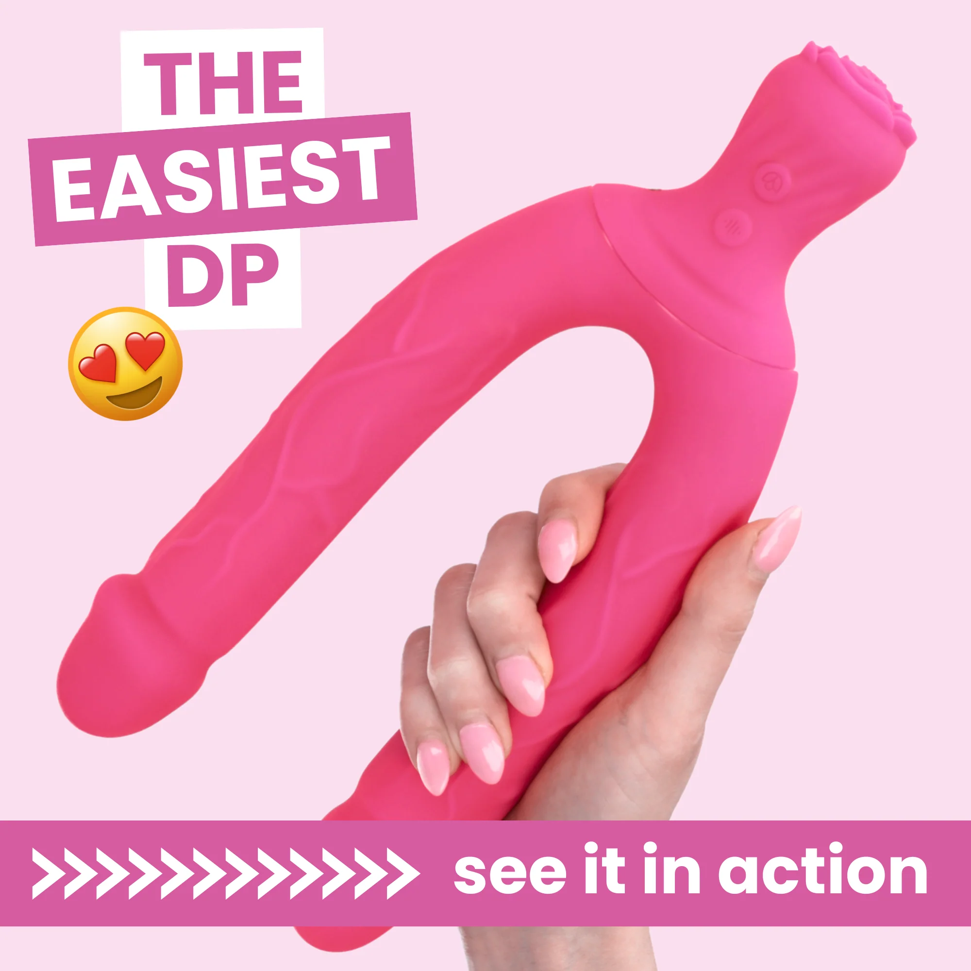 Bendy Silicone Double Dildo Vibrator with Clit Teaser - Fulfill DP Fantasies or Buzz Your Clit with the Vibrating Handle!