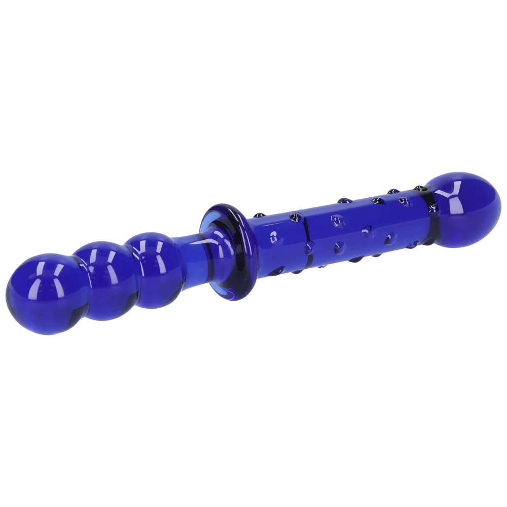 Blue Textured Dual-Ended Glass Dildo - Image 3