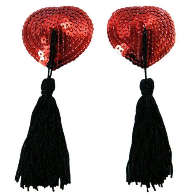 Sequin Heart Nipple Pasties with Tassels - Image 3