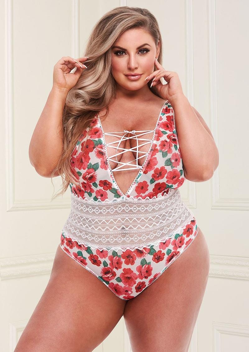 White Floral & Lace Teddy With Lace-Up Front - Image 3